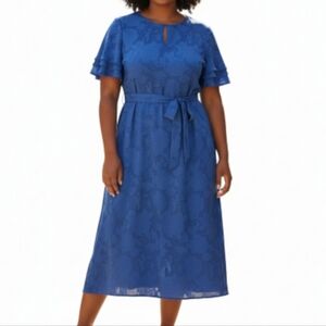 Tahari ASL Midi Dress 16 Blue Short Flutter Sleeves Pockets Belt Front Keyhole